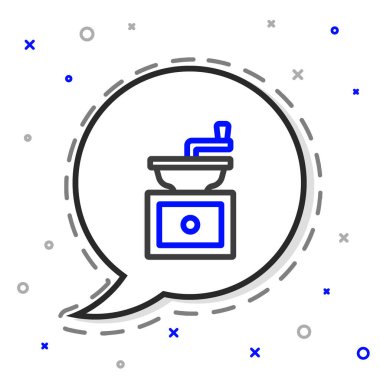 Beyaz arkaplanda el yapımı kahve öğütücü simgesi var. Renkli taslak konsepti. Vektör