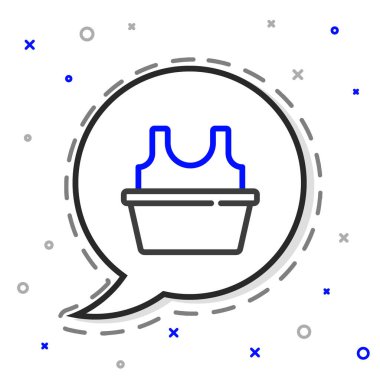 Çizgili plastik leğen ve beyaz arka planda izole edilmiş gömlek simgesi. Sulu kase. Çamaşır yıkama, temizlik malzemeleri. Renkli taslak konsepti. Vektör