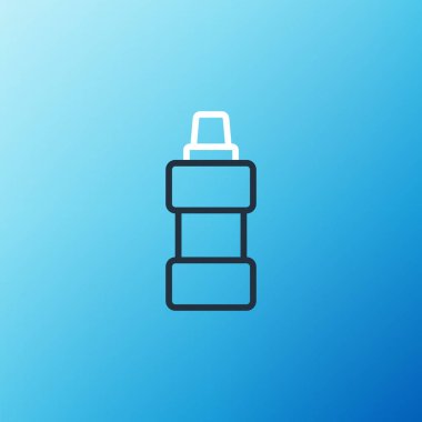 Çamaşır deterjanı, çamaşır suyu, bulaşık deterjanı ya da mavi arka planda izole edilmiş başka bir temizlik malzemesi için çizgi plastik şişe. Renkli taslak konsepti. Vektör