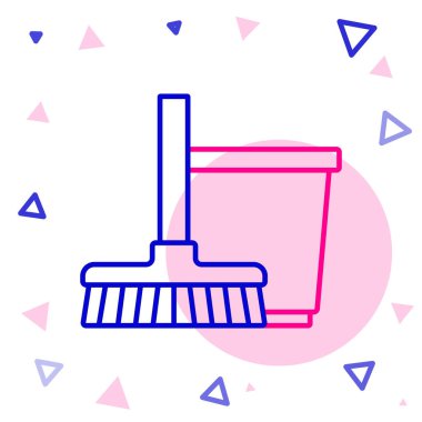 Beyaz arka planda çizgi süpürgesi ve kova simgesi izole edildi. Temizlik hizmeti konsepti. Renkli taslak konsepti. Vektör