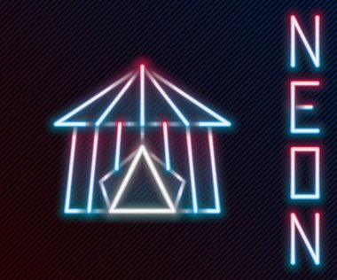 Parlayan neon hattı sirk simgesi siyah arkaplanda izole edildi. Karnaval kamp çadırı. Eğlence parkı. Renkli taslak konsepti. Vektör