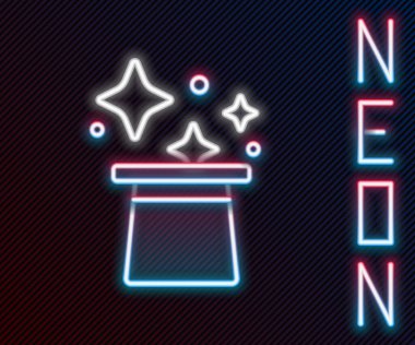 Parlayan neon hattı sihirli şapka simgesi siyah arkaplanda izole edildi. Sihir numarası. Gizemli eğlence konsepti. Renkli taslak konsepti. Vektör
