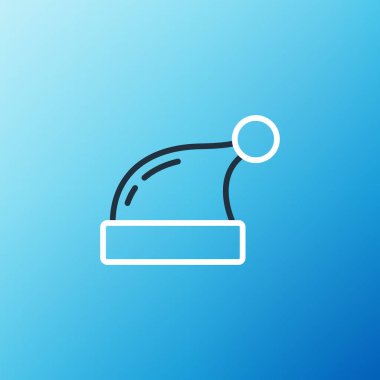 Mavi arka planda izole edilmiş çizgi Noel Baba şapkası ikonu. Mutlu Noeller ve mutlu yıllar. Renkli taslak konsepti. Vektör