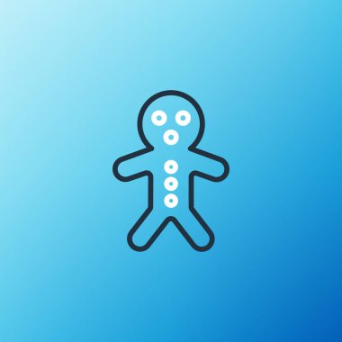 Bayram zencefilli kurabiye ikonu mavi arka planda izole edilmiş. Kurabiye, insan şeklinde ve kremalı. Renkli taslak konsepti. Vektör