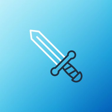 Orta Çağ kılıç simgesi mavi arkaplanda izole edildi. Ortaçağ silahı. Renkli taslak konsepti. Vektör