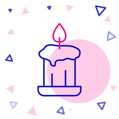 Beyaz arkaplanda izole edilmiş şamdan simgesinde çizgi yakma mumu. Eski moda yanan mum. Silindirik mum çubuğu ve yanan ateş. Renkli taslak konsepti. Vektör