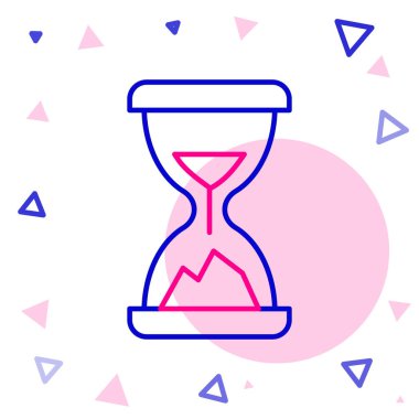 Beyaz zemin üzerinde kum ikonu olan çizgi Eski kum saati. Kum saati işareti. İş ve zaman yönetimi kavramı. Renkli taslak konsepti. Vektör