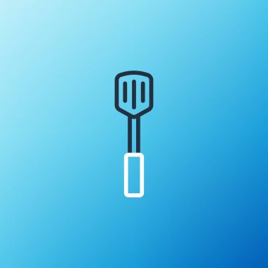 Mavi arkaplanda ızgara spatula simgesi izole edildi. Mutfak spatula ikonu. Barbekü spatula işareti. Barbekü ve ızgara aleti. Renkli taslak konsepti. Vektör