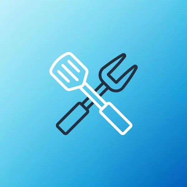 Line Crossed fork and spatula icon isolated on blue background. BBQ fork and spatula sign. Barbecue and grill tools. Colorful outline concept. Vector – stockvektor