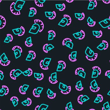 Line Greek helmet icon isolated seamless pattern on black background. Antiques helmet for head protection soldiers with a crest of feathers or horsehair. Vector