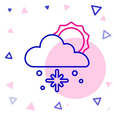 Beyaz zemin üzerinde kar ve güneş ikonu olan çizgi bulutu. Kar taneli bulut. Tek hava ikonu. Kar tabelası. Renkli taslak konsepti. Vektör