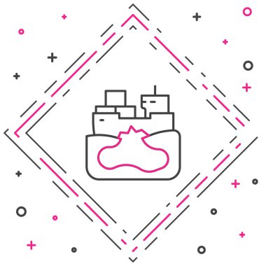 Yıkılmış petrol tankeri ikonu beyaz arka planda izole edildi. Petrol sızıntısı kazası. Çarpışma tankeri. Çevre kirliliği kavramı. Renkli taslak konsepti. Vektör.