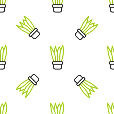 Çömlek simgesindeki Çizgi Bitkisi beyaz arkaplandaki kusursuz deseni izole etti. Tencerede yetişen bir bitki. Saksı bitkisi işareti. Vektör.