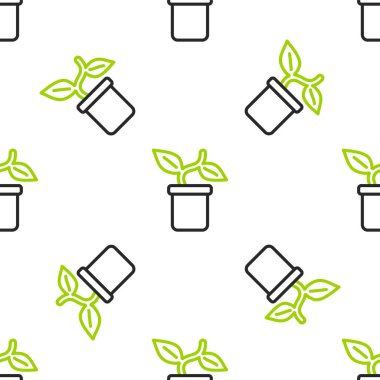 Çömlek simgesindeki Çizgi Bitkisi beyaz arkaplandaki kusursuz deseni izole etti. Tencerede yetişen bir bitki. Saksı bitkisi işareti. Vektör.