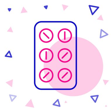 Kabarcık torbası ikonundaki çizgi hapları beyaz arka planda izole edilmiş. İlaç paketi. Tablet, vitamin, antibiyotik, aspirin. Renkli taslak konsepti. Vektör.