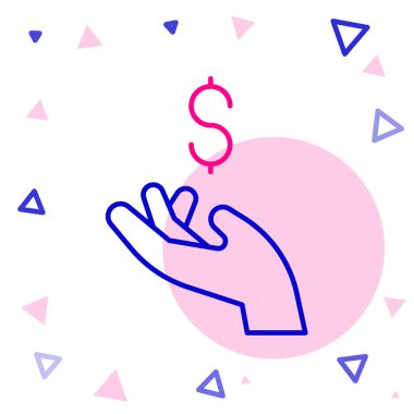 Çizgi El para para ikonunu beyaz arka planda tutuyor. Dolar ya da USD sembolü. Nakit bankacılık tabelası. Renkli taslak konsepti. Vektör.