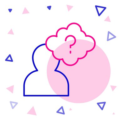 Beyaz arka planda soru işareti simgesi olan çizgi insan kafası. Renkli taslak konsepti. Vektör.