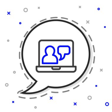 Çevrimiçi eğitim ve mezuniyet ikonu beyaz arka planda izole edildi. İnternetteki öğretmen monitörde. Giyinme ve video semineri öğrenme. Renkli taslak konsepti. Vektör.