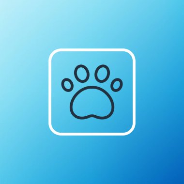 Çizgi Paw yazdırma simgesi mavi arkaplanda izole edildi. Köpek ya da kedi pençesi izi. Hayvan izleri. Renkli taslak konsepti. Vektör.