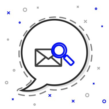 Beyaz arkaplanda izole edilmiş büyüteç simgesi içeren satır zarfları. Renkli taslak konsepti. Vektör İllüstrasyonu.