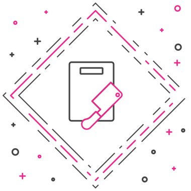 Hat kesme tahtası ve et helikopter simgesi beyaz arka planda izole edildi. Kasap bıçağı. Tahta kesme sembolü. Renkli taslak konsepti. Vektör.