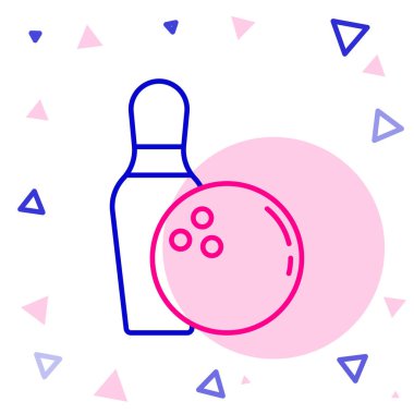 Beyaz arka planda çizgi bovling pin ve top ikonu izole edildi. Spor malzemeleri. Renkli taslak konsepti. Vektör