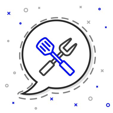 Çizgi çapraz çatal ve spatula simgesi beyaz arkaplanda izole edildi. Mangal çatalı ve spatula işareti. Barbekü ve ızgara aletleri. Renkli taslak konsepti. Vektör