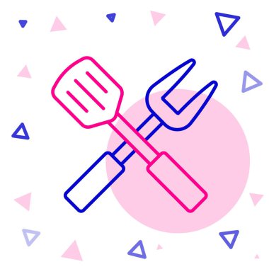 Çizgi çapraz çatal ve spatula simgesi beyaz arkaplanda izole edildi. Mangal çatalı ve spatula işareti. Barbekü ve ızgara aletleri. Renkli taslak konsepti. Vektör