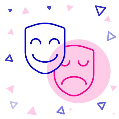 Çizgi komedi ve trajedi teatral maskeler beyaz arka planda izole edilmiş. Renkli taslak konsepti. Vektör