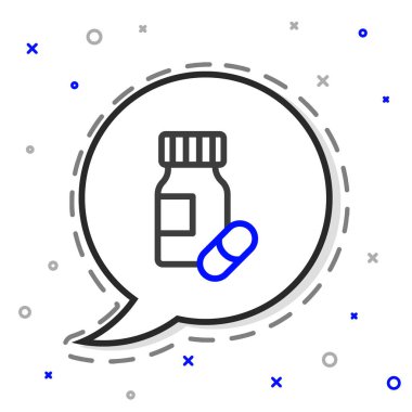 Hat ilacı şişesi ve beyaz arka planda izole edilmiş hap ikonu. Şişe hapı işareti. Eczane tasarımı. Renkli taslak konsepti. Vektör