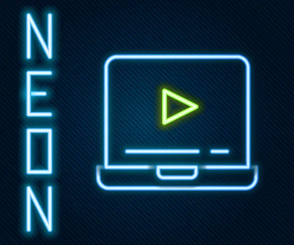 Świecąca Neon Line Online Play Wideo Ikona Izolowane Czarnym Tle — Wektor stockowy