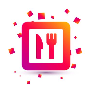 Beyaz Kafe ve restoran konumu simgesi beyaz arka planda izole edildi. Noktanın içinde çatal ve kaşık yeme işareti var. Kare renk düğmesi. Vektör..