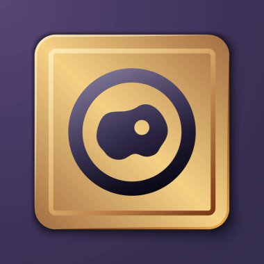 Purple Scrambled eggs icon isolated on purple background. Home cooked food, fried egg, healthy breakfast, omelet icon. Gold square button. Vector.