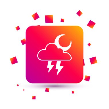 White Storm icon isolated on white background. Cloud with lightning and moon sign. Weather icon of storm. Square color button. Vector.