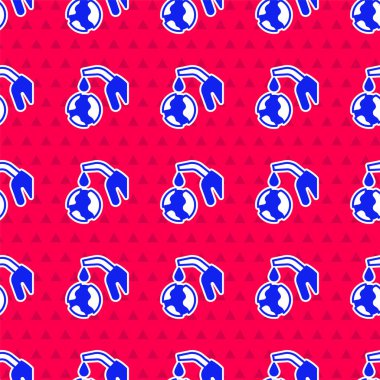 Blue Fuel nozzle pumping oil or petrol from planet Earth icon isolated seamless pattern on red background. Ecological concept.  Vector.