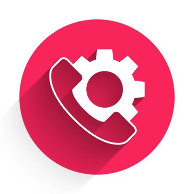 Beyaz Telefon 24 saat boyunca izole edilmiş uzun gölgeli ikon. Tüm gün müşteri destek merkezi. Tam zamanlı çağrı servisi. Kırmızı daire düğmesi. Vektör.