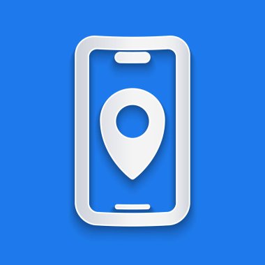 Kağıt kesimi Şehir Haritası yön bulma simgesi mavi arkaplanda izole edildi. Mobil Uygulama Arayüzü tasarımı. Coğrafi konsept. Kağıt sanatı tarzı. Vektör.