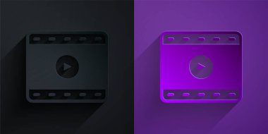 Kağıt kesiği Video Oynat simgesi mor arkaplanda siyah üzerine izole edilmiş. Film şeridi tabelası. Kağıt sanatı tarzı. Vektör.