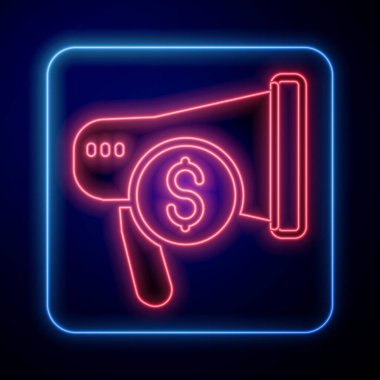 Glowing neon Megaphone and dollar icon isolated on black background. Loud speech alert concept. Bullhorn for Mouthpiece scream promotion.  Vector.