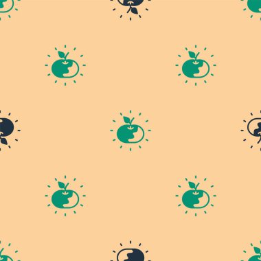Green and black Poison apple icon isolated seamless pattern on beige background. Poisoned witch apple.  Vector.