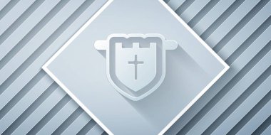 Kağıt kesiği, gri arka planda Hristiyan haçı simgesi olan bayrak. Kağıt sanatı tarzı. Vektör.