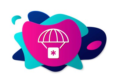 Color Humanitarian aid icon isolated on white background. Medical cargo goes down to hard-to-reach places with a parachute. Abstract banner with liquid shapes. Vector.