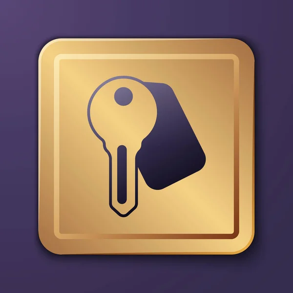 Purple Hotel Deur Slot Sleutel Pictogram Geïsoleerd Paarse Achtergrond Gouden — Stockvector