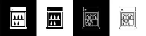 Set Commercial Refrigerator Store Drinks Icon Isolated Black White Background — Image vectorielle