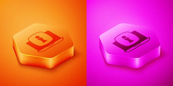 Isometrischer Laptop Mit Informationssymbol Auf Orangefarbenem Und Rosa Hintergrund Sechseck — Stockvektor