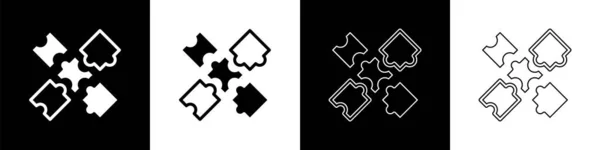 Set Puzzelstukjes Speelgoed Pictogram Geïsoleerd Zwart Wit Achtergrond Vector — Stockvector