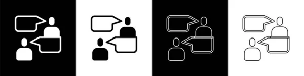 Nastavit Dva Sedící Muži Mluví Ikonu Izolované Černobílém Pozadí Proslov — Stockový vektor