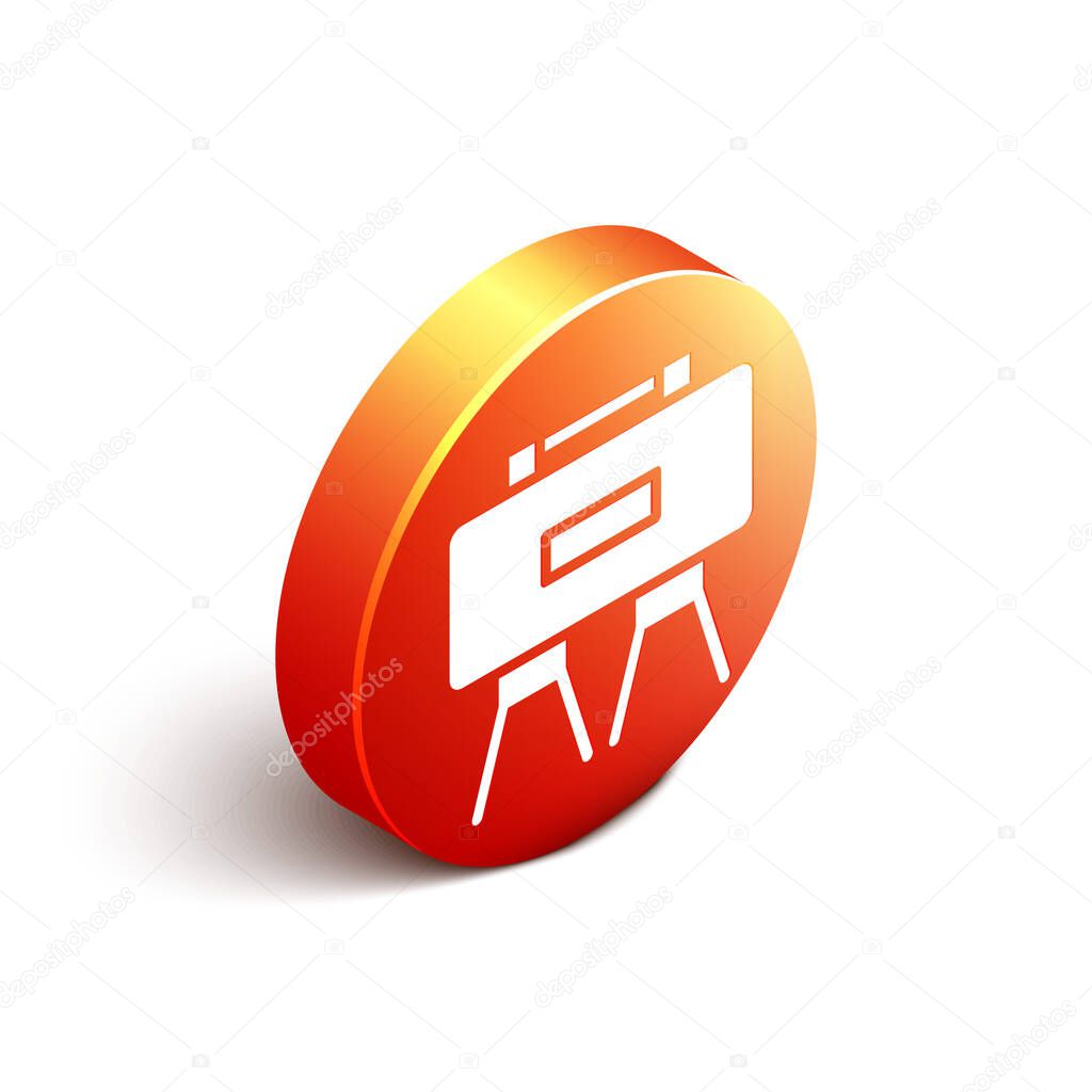 Isometric Military mine icon isolated on white background. Claymore mine explosive device. Anti personnel mine. Army explosive. Orange circle button. Vector.
