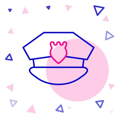 Beyaz arka planda izole edilmiş papağan ikonlu çizgi polisi şapkası. Polis şapkası işareti. Renkli taslak konsepti. Vektör.