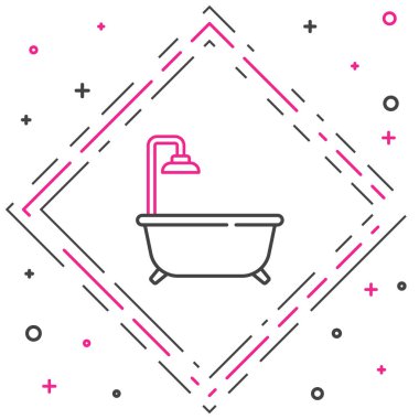 Beyaz arka planda duş ikonu olan küvet hattı. Renkli taslak konsepti. Vektör